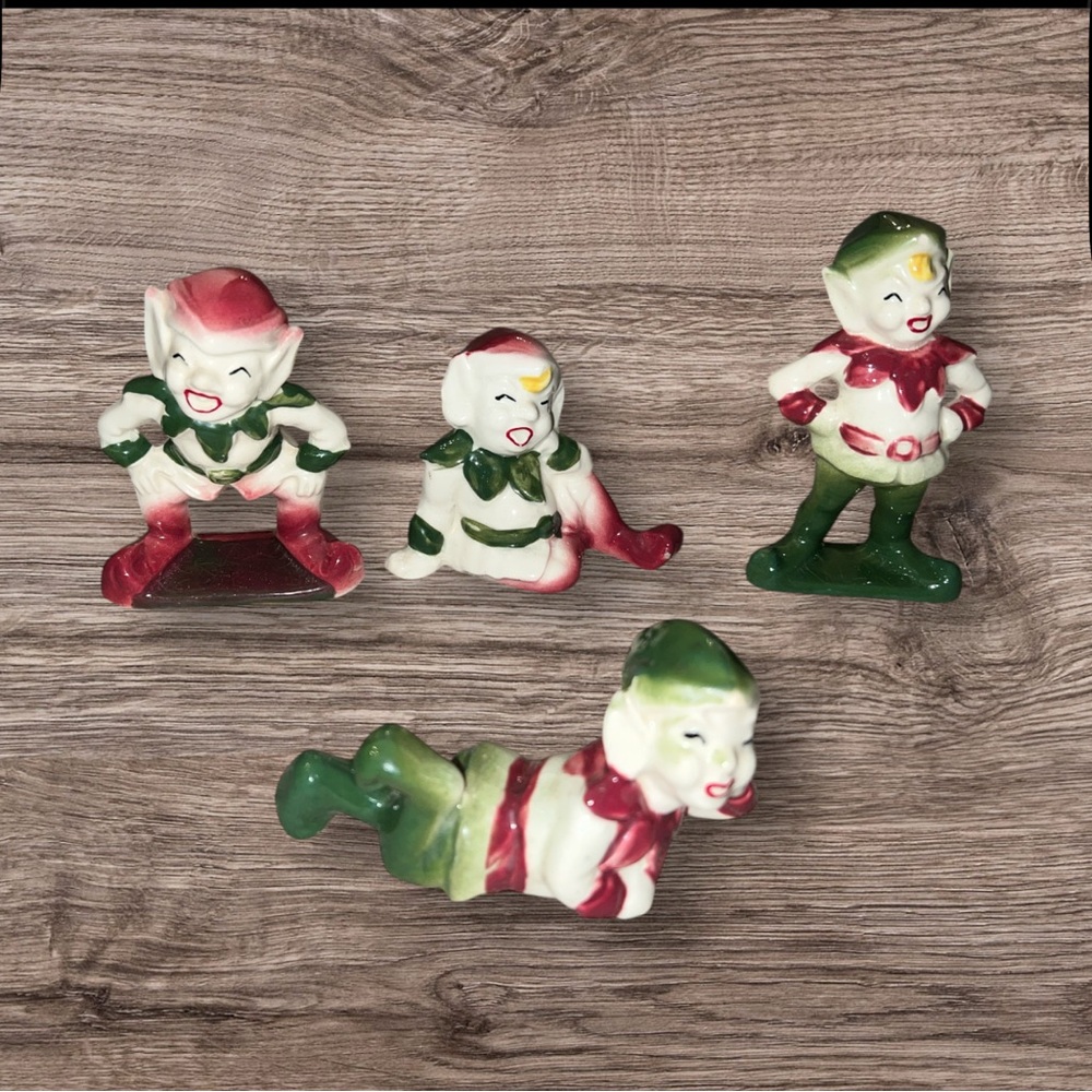 Vintage McCoy Kitschy Elf Pixie Figurines Ceramic Red And Green